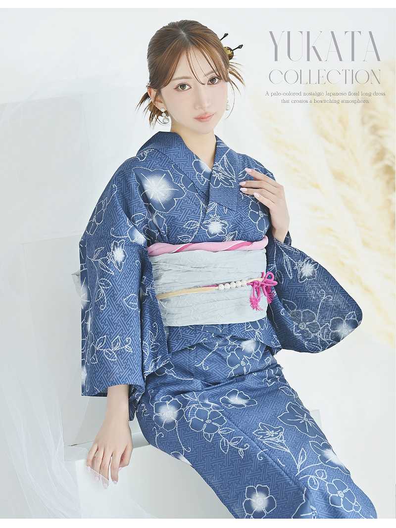 水着浴衣SALE￥9980→￥8483！ 浴衣 清楚な青地に大ぶりの椿が映える