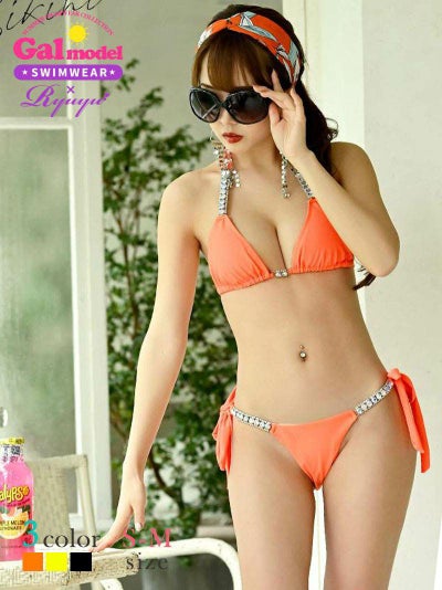 先行予約割￥5190→￥4931！※一部予約販売※水着 オーロラビジューワンカラーセクシー三角ビキニ みりちゃむ ゆずは 着用レディースギャル水着【Ryuyu】【ノベルティ】(S-M)(ブラック/イエロー/オレンジ)