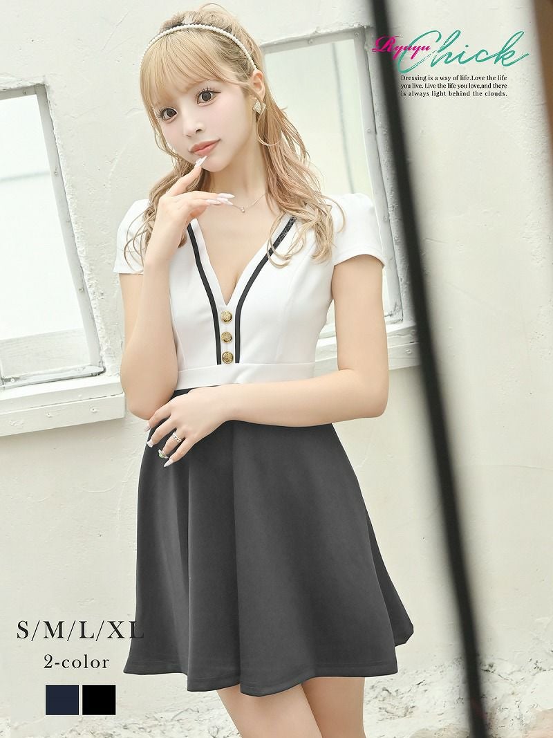 フェミニンフレアバイカラー袖付きキャバワンピース あいさ 着用 キャバドレス【RyuyuChick】