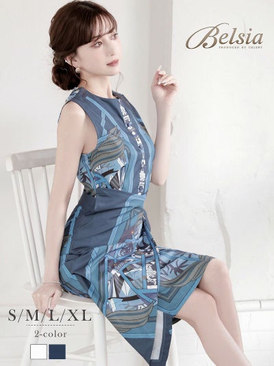 先行予約割￥6980→￥6630！※一部予約販売※エレガントスカーフ柄カシュクールキャバワンピース 加賀美早紀 着用 ラウンジワンピース【Belsia】(S/M/L/XL(2L))(ホワイト/ブルー)