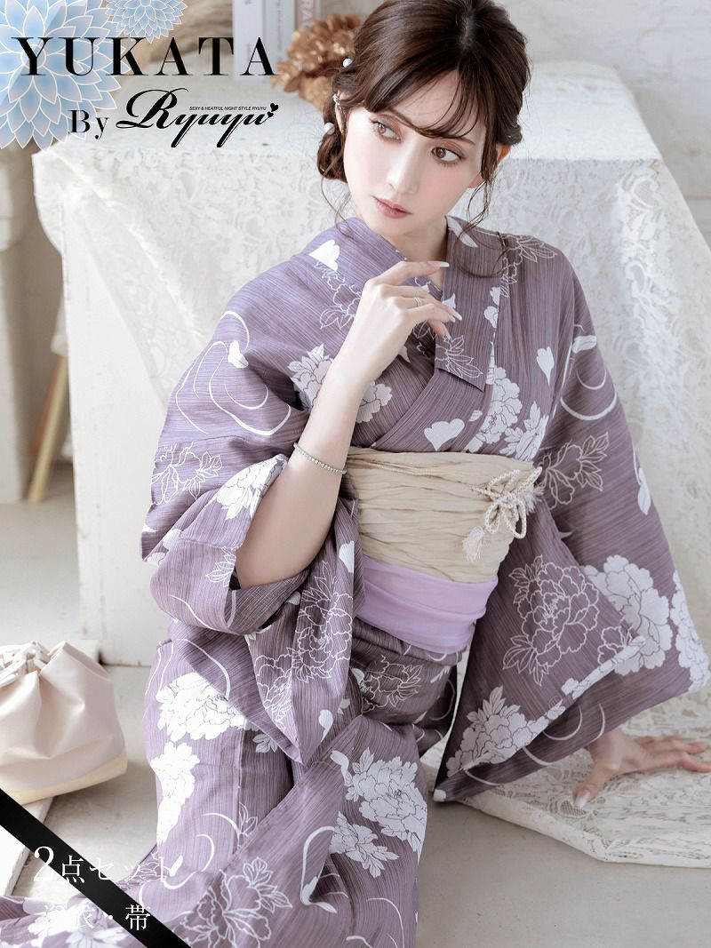 浴衣 くすみパープル古典柄レディース浴衣 加賀美早紀 着用 大人浴衣2点セット【Ryuyu】