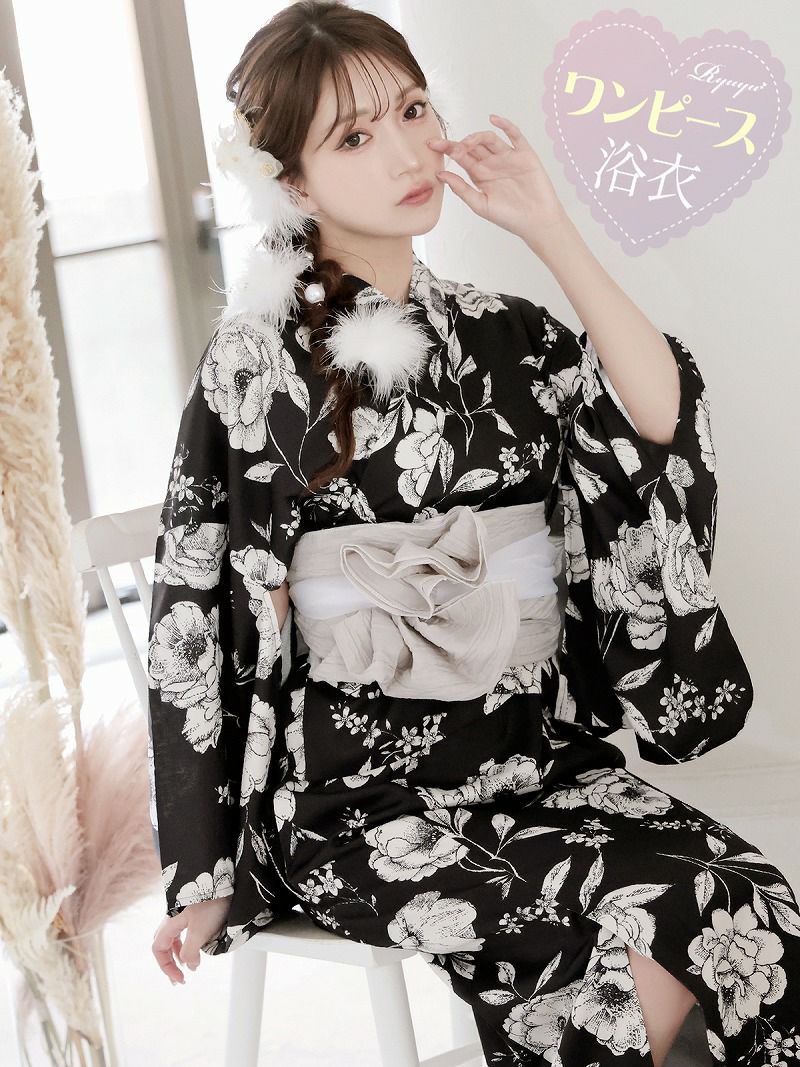 ブラック牡丹和華柄2WAYワンピース浴衣【Ryuyu】　美品 先行予約割￥12800→￥12160！※予約販売※ブラック牡丹和華柄2WAY