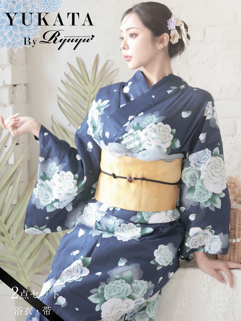 浴衣 ネイビー地に咲き誇るローズレディース浴衣 KANO 着用 大人ゆかた2点セット【Ryuyu】(フリーサイズ)(ネイビー)