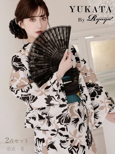 浴衣SALE￥11800→￥10030！ 浴衣 ベージュ×ブラックでシックにまとめた花柄レディース浴衣 加賀美早紀 着用 大人浴衣2点セット【Ryuyu】(フリーサイズ)(ベージュ)