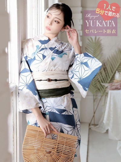 浴衣SALE￥12800→￥10241！ 浴衣 レトロモダンなブルーリーフに咲く牡丹レディースセパレート浴衣 KANO 着用 二部式浴衣【Ryuyu】(フリーサイズ)(ホワイト)