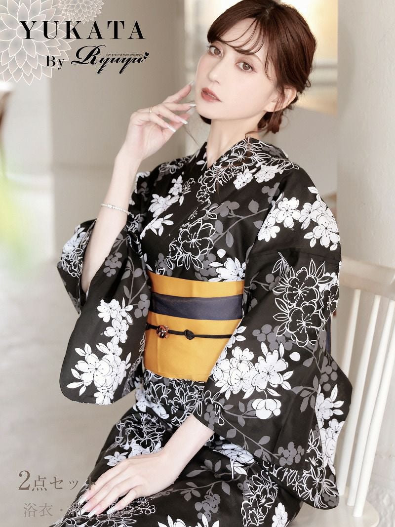浴衣 黒地小花柄モノトーン大人レディース浴衣 加賀美早紀 着用 2点セット浴衣【Ryuyu】(フリーサイズ)(ブラック)