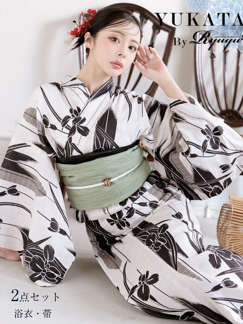 浴衣 白黒フラワーで色気纏う古典柄レディース浴衣 KANO 着用 大人浴衣【Ryuyu】(フリーサイズ)(ホワイト)