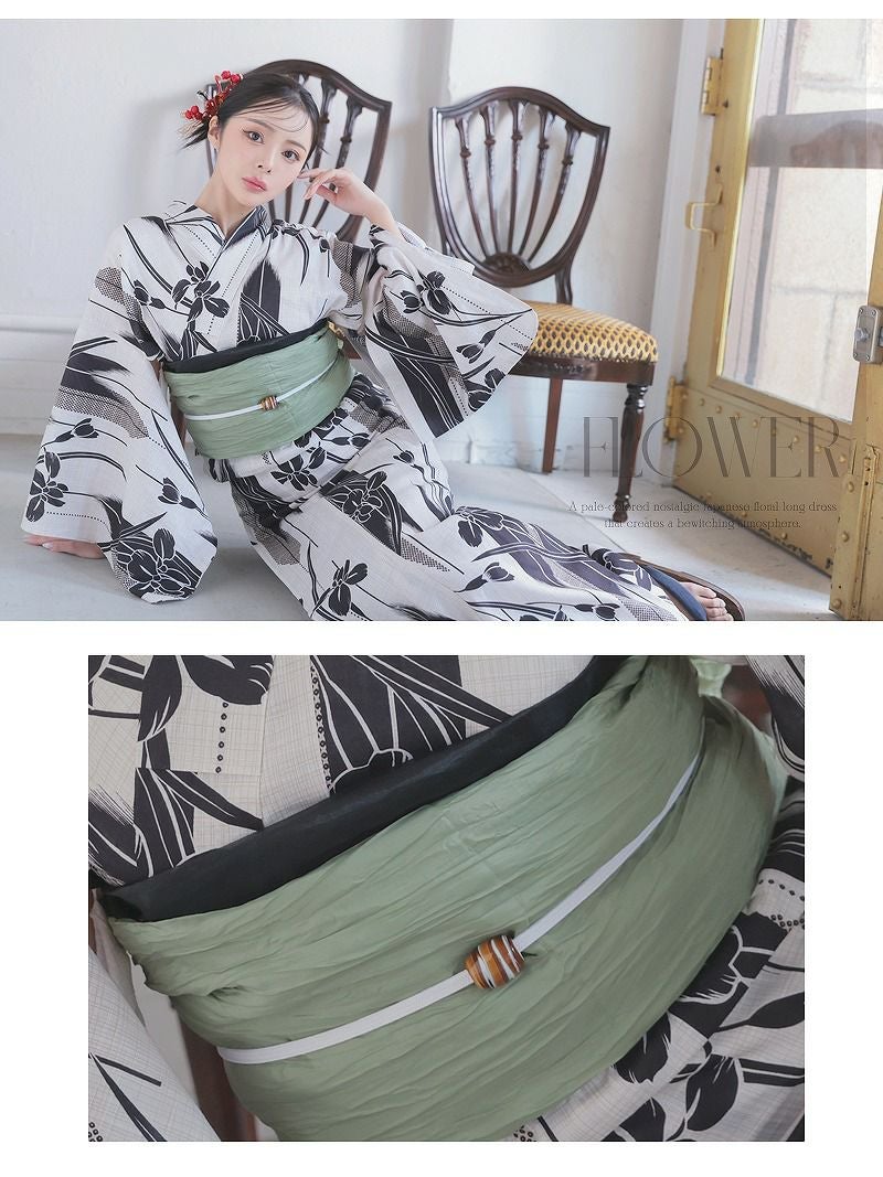 シルバーウィークSALE￥14800→￥13321！ 浴衣 白黒フラワーで色気纏う