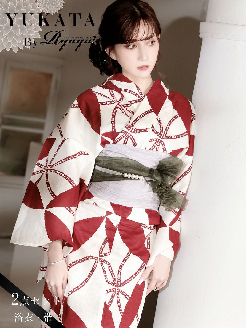 浴衣 ホワイト×赤リーフの古典柄レディース浴衣 加賀美早紀 着用 2点セットゆかた【Ryuyu】