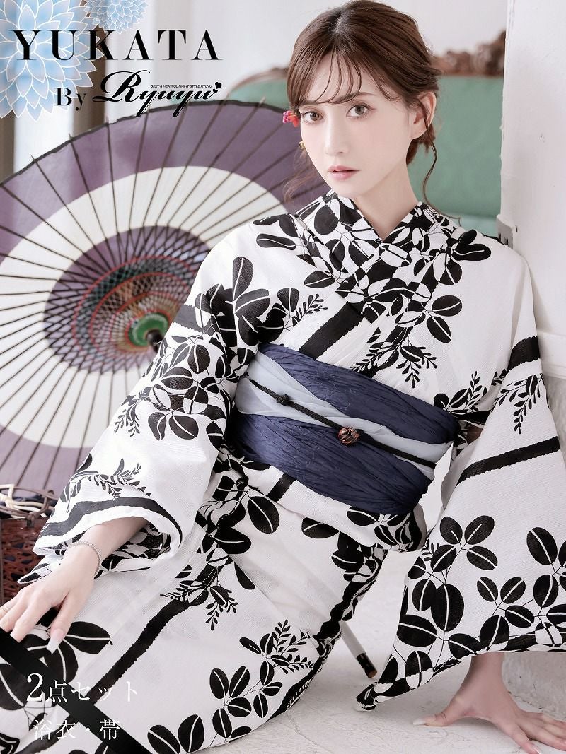 浴衣 モノトーン小花柄シックレディース浴衣 加賀美早紀 着用 2点セット浴衣【Ryuyu】(フリーサイズ)(ホワイト)
