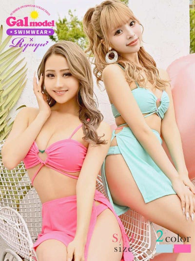 水着 3点セットパレオ付きビキニ あいさ あいみん 着用ギャル水着【Ryuyu】(S/M)(ブルー/ピンク)