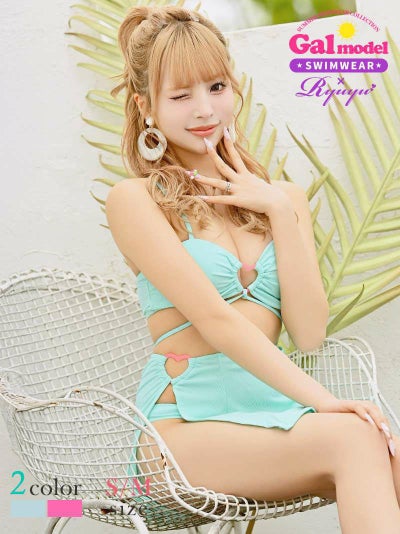 水着 平成ギャル風ハートリングポイント体型カバー3点セットビキニ あいさ あいみん 着用ギャル水着【Ryuyu】(S/M)(ブルー/ピンク)
