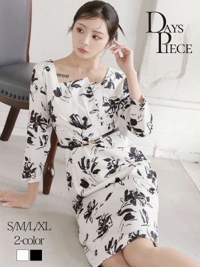先行予約割￥8980→￥8530！※一部予約販売※大人花柄モノトーンタイト長袖韓国ワンピース KANO 着用 キャバワンピース【DAYS PIECE】(S/M/L/XL(2L))(ホワイト/ブラック)