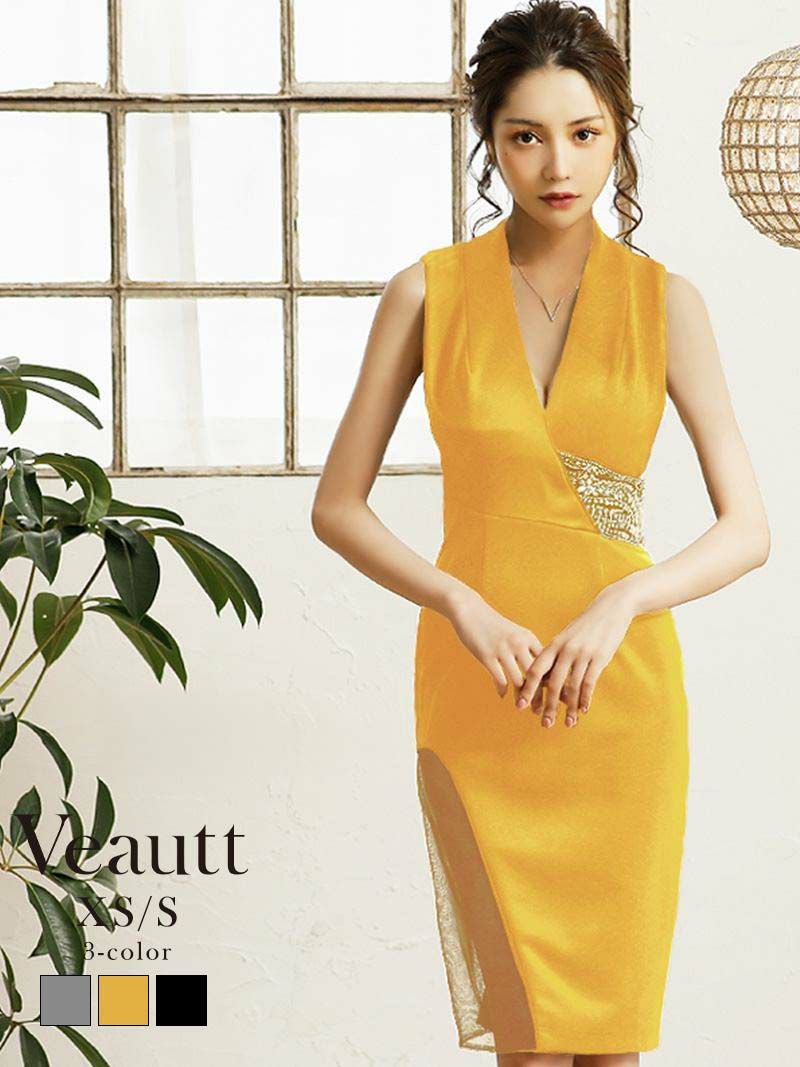 【Veautt/ヴュート】ノースリーブ豪華ビジュー付き膝丈キャバドレス