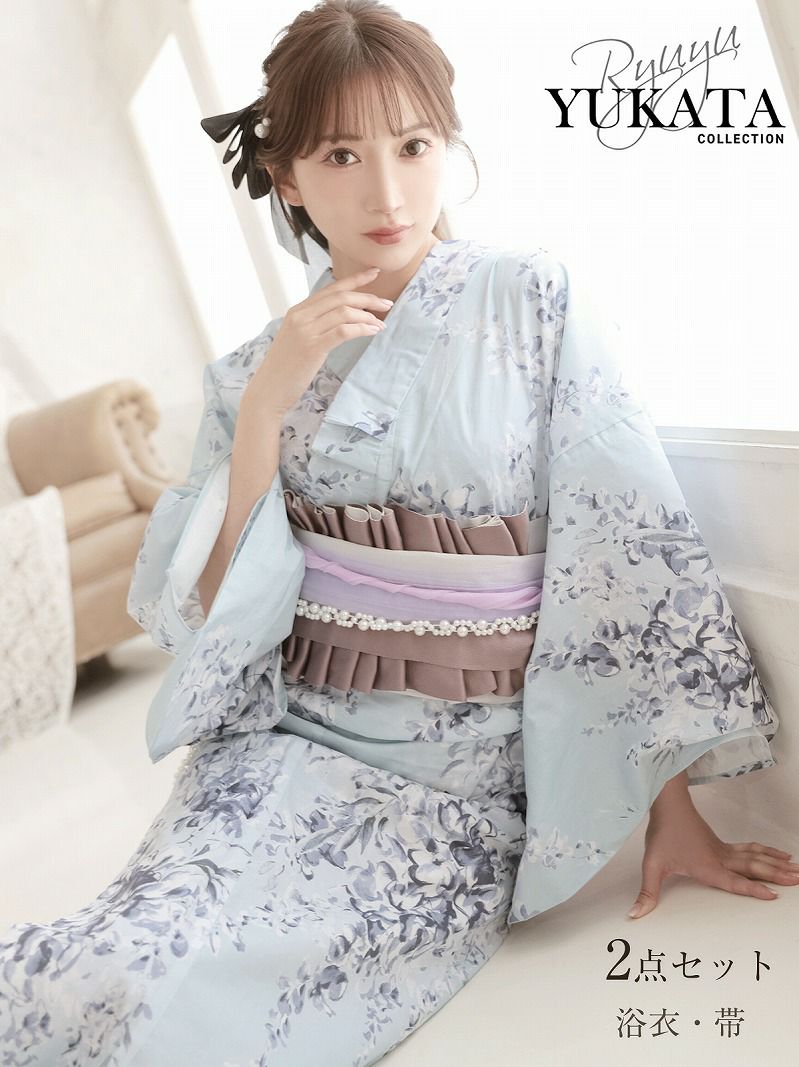 水色ニュアンスカラーの和モダン小花柄レディース浴衣2点セット【Ryuyu】(フリーサイズ)(ブルー)