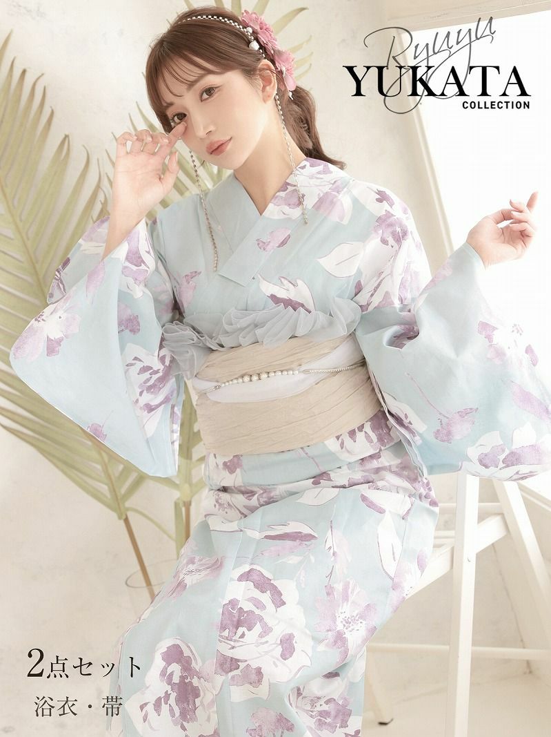 マリンブルーにパープルフラワーが華やかなレディース浴衣2点セット【Ryuyu】(フリーサイズ)(ミント)