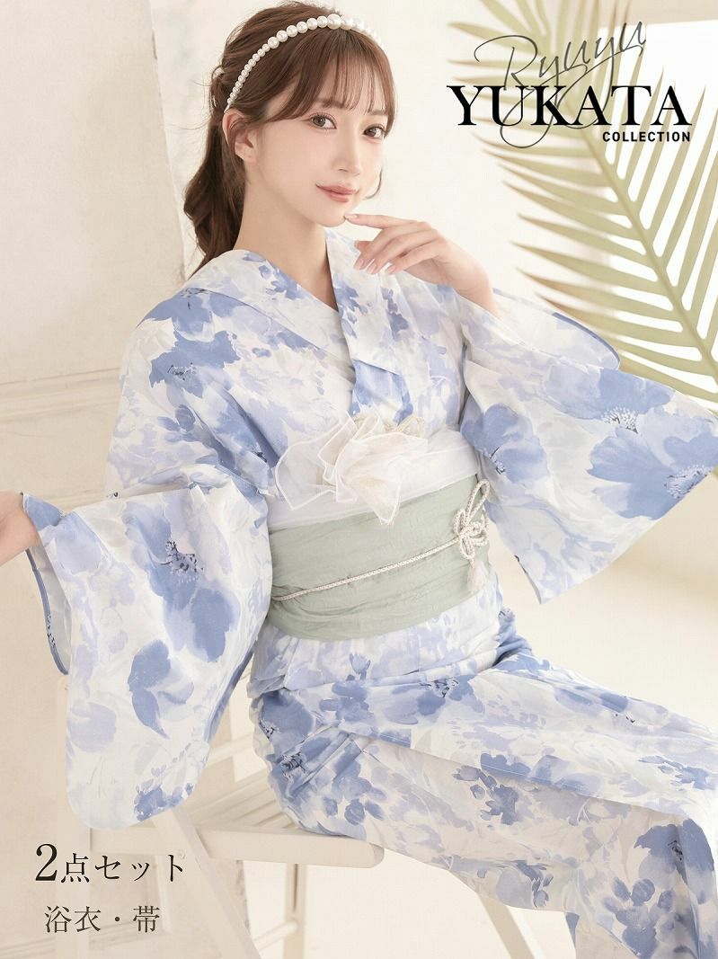 グラデーションブルーが美しい大人のフラワーレディース浴衣2点セット【Ryuyu】(フリーサイズ)(ブルー)