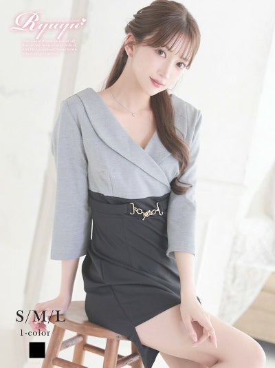 バイカラーデザイン袖付きタイトミニドレス【Ryuyu】(S/M/L)(ブラック)