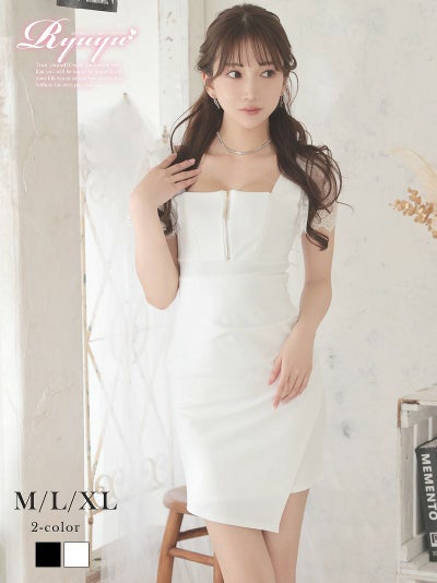 先行予約割¥6980→¥6630!※一部予約販売※レーススリーブアシメタイトジップミニドレス【Ryuyu】(M/L/XL(2L))(ブラック/ホワイト)