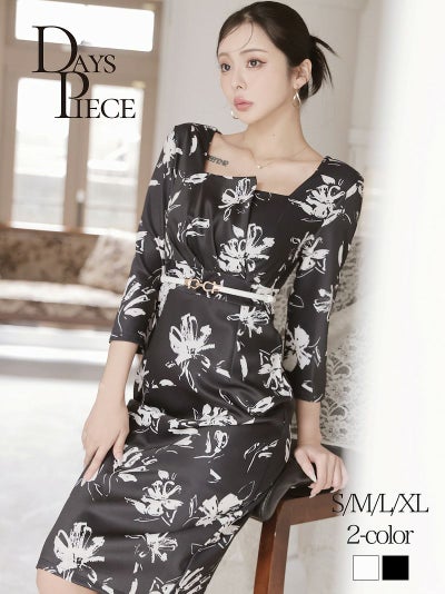 モノトーンフラワー袖付きミディ丈韓国ワンピース KANO 着用 キャバワンピース【DAYS PIECE】(S/M/L/XL(2L))(ホワイト/ブラック)