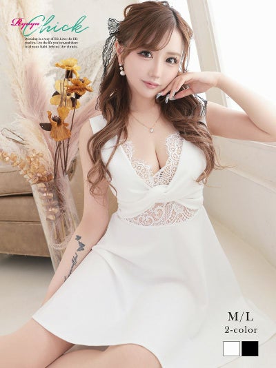 先行予約割¥3980→¥3781!※一部予約販売※ドーリー谷間見せレースフレアミニドレス りせり 着用 キャバドレス【RyuyuChick】(M/L)(ホワイト/ブラック)