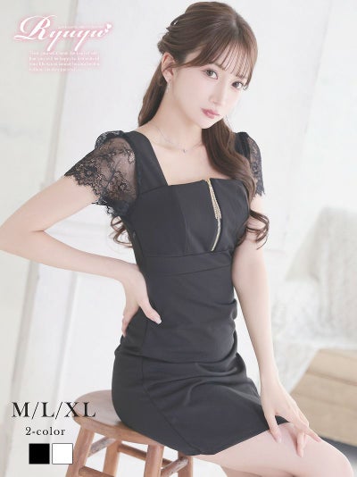 レース袖ジップデザインタイトキャバミニドレス【Ryuyu】(M/L/XL(2L))(ブラック/ホワイト)