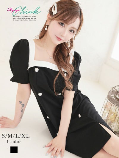 先行予約割￥4380→￥4160！※予約販売※クラシカルパール袖付きバイカラードールキャバワンピース りせり 着用 キャバドレス【RyuyuChick】(S/M/L/XL(2L))(ブラック)