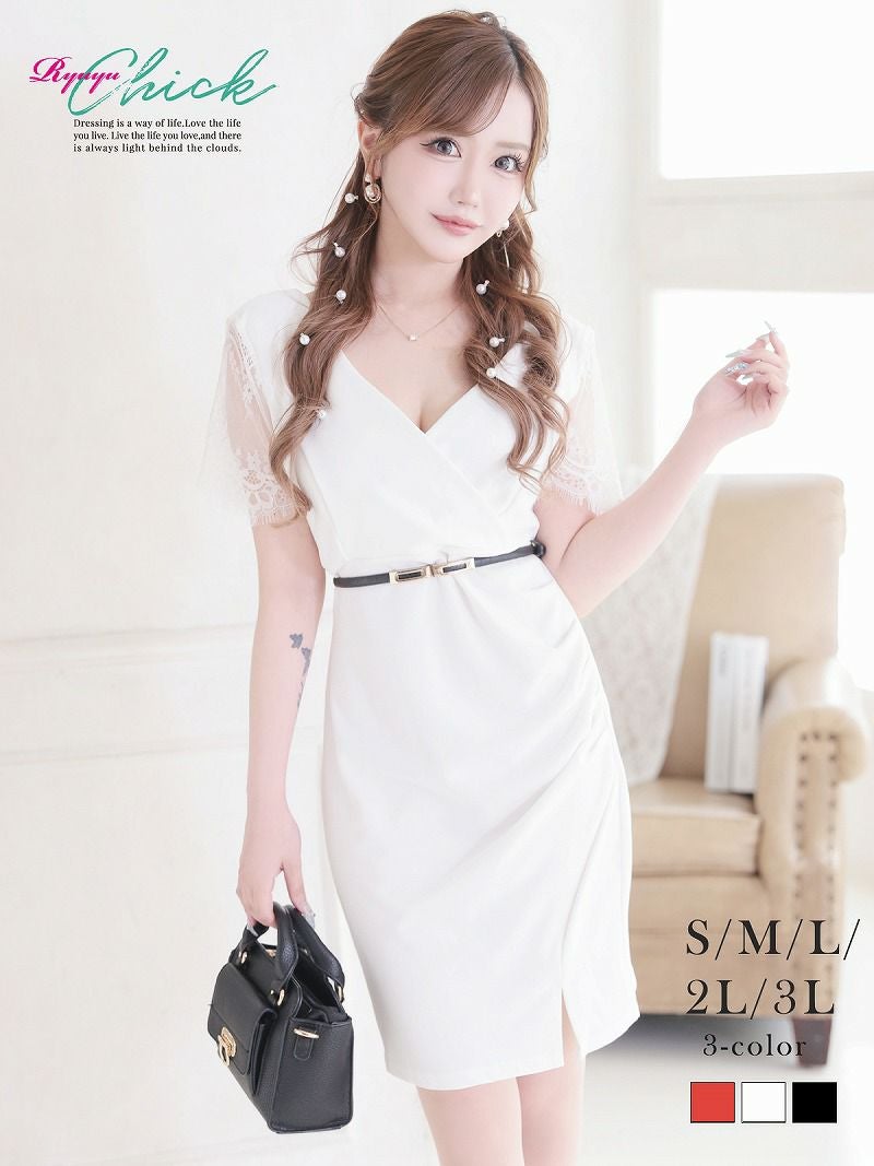 メッシュスリーブ×カシュクール美ラインミニドレス りせり 着用 キャバドレス【RyuyuChick】