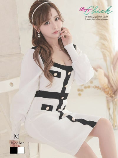 先行予約割￥4090→￥3886！※予約販売※モノトーン袖切り替え膝丈ニットワンピース りせり 着用 ミニドレス【RyuyuChick】(M)(ホワイト/ブラック)