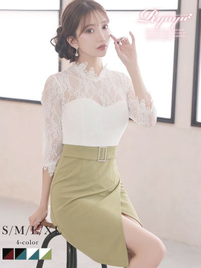 レースバイカラーハイネックミニドレス【Ryuyu】(S/M/L/XL(2L))(ワイン/ターコイズA/オリーブ/ターコイズB) ptpl
