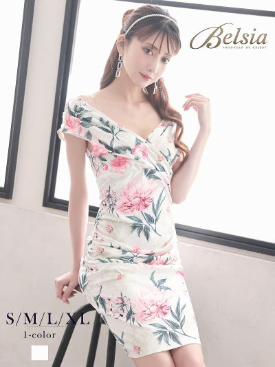 花柄ミディ丈大きいサイズキャバワンピース 加賀美早紀 着用 キャバドレス【Belsia】(S/M/L/XL(2L))(ホワイト)