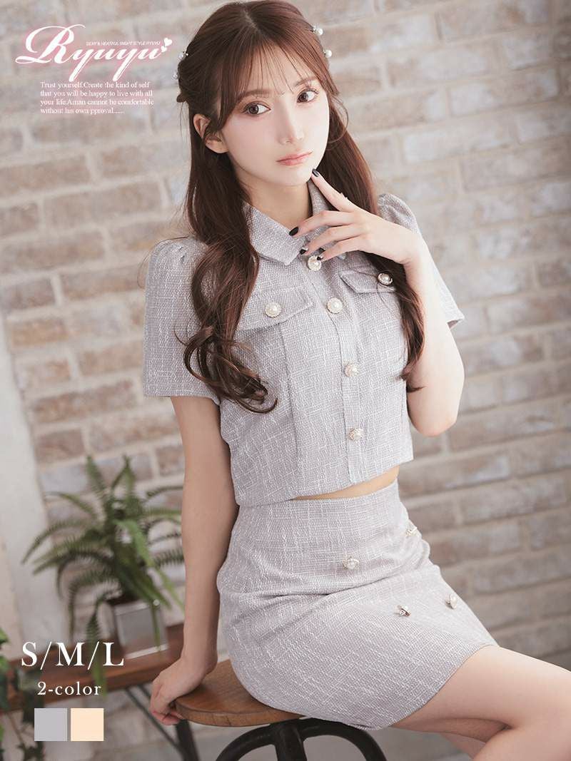 カラーツイード半袖クラシカルセットアップドレス【Ryuyu】