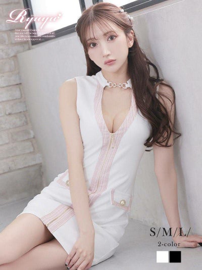 極谷間見せツイードラインタイトミニドレス【Ryuyu】(S/M/L)(ホワイト/ブラック)