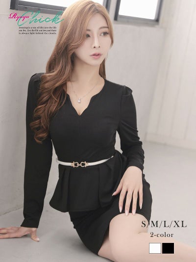 先行予約割¥1980→¥1881!※一部予約販売※美シルエット体型カバー長袖キャバワンピース【RyuyuChick】(S/M/L/XL(2L))(ブラック/ホワイト)