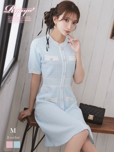 韓国風サマーニット半袖ワンピース【Ryuyu】(M)(ピンク/ブルー)