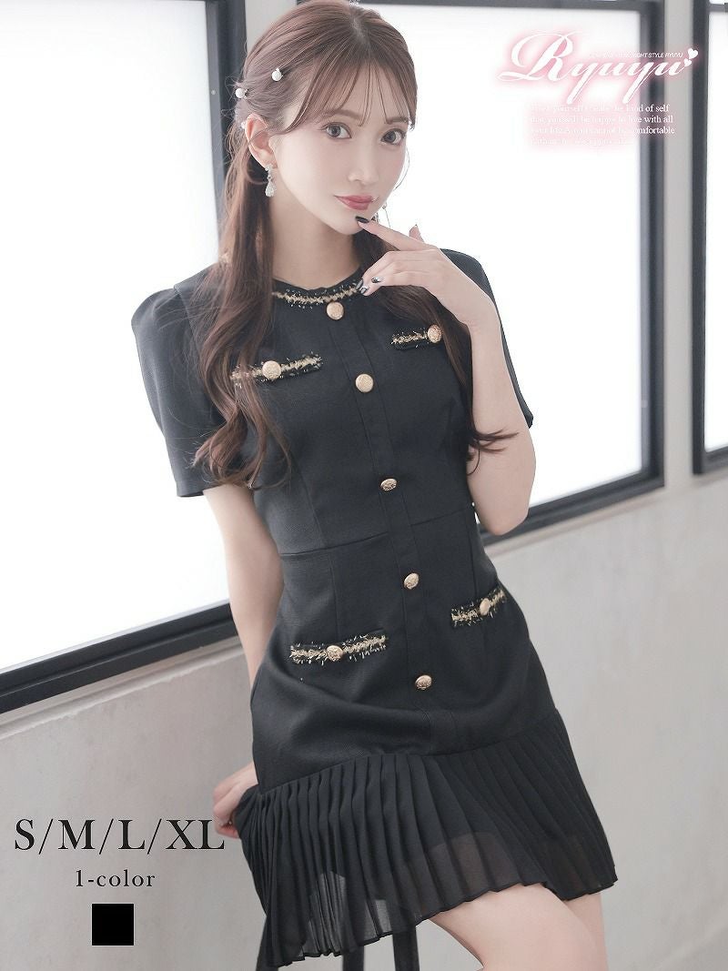 『即購入○』ドレス キャバ ワンホン 韓国風 先行予約割￥6290→￥6101！※予約販売※黒ドーリー韓国風半袖プリーツ