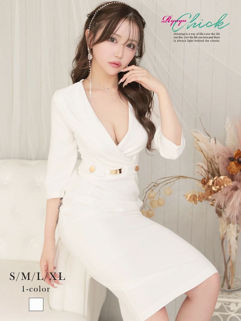 ホワイト五分袖カシュクール膝丈キャバワンピース りせり 着用 キャバドレス【RyuyuChick】(S/M/L/XL(2L))(ホワイト)