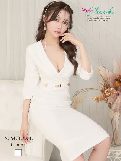 先行予約割￥4380→￥4160！※一部予約販売※ホワイト五分袖カシュクール膝丈キャバワンピース りせり 着用 キャバドレス【RyuyuChick】(S/M/L/XL(2L))(ホワイト)