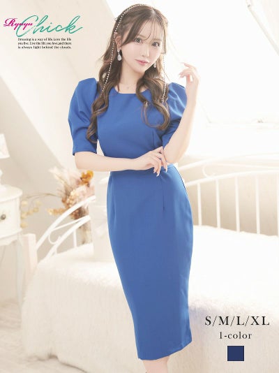 先行予約割￥3980→￥3781！※予約販売※バックリボンタイト膝丈ブルーカラータイトキャバワンピース りせり 着用 キャバドレス【RyuyuChick】(S/M/L/XL(2L))(ブルー)