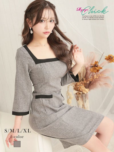 先行予約割¥3980→¥3781!※一部予約販売※グレー五分袖タイト膝丈キャバワンピース りせり 着用 キャバドレス【RyuyuChick】(S/M/L/XL(2L))(グレー)