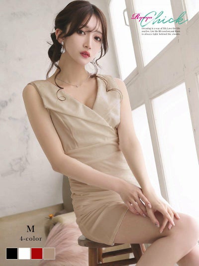 セクシータイトカシュクールタイトミニドレス【RyuyuChick】(M)(ブラック/ホワイト/レッド/ベージュ)