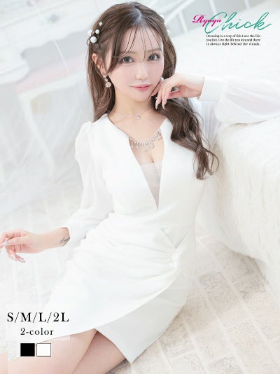 ビジューシフォンアシメデザイン長袖ミニドレス りせり 着用 キャバドレス【RyuyuChick】(S/M/L/XL(2L))(ホワイト/ブラック)