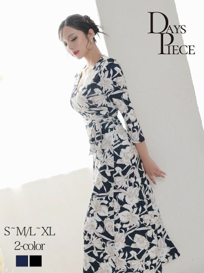 先行予約割￥7390→￥7021！※予約販売※大判フラワーラップ七分袖マキシ韓国ワンピース KANO 着用 キャバワンピース【DAYS PIECE】(S～M/L～XL)(ブラック/ネイビー)