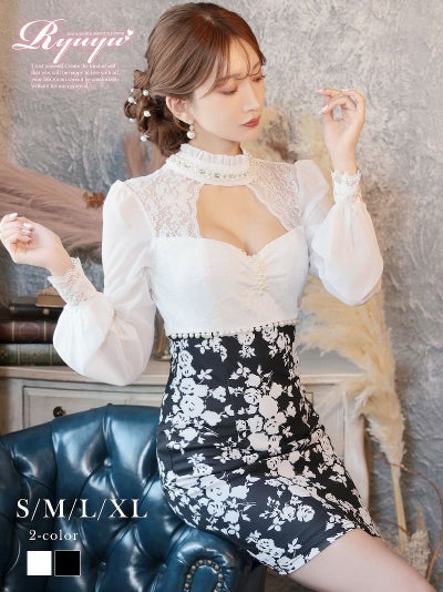先行予約割¥6980→¥6630!※予約販売※長袖花柄レースタイトミニドレス【Ryuyu】(S/M/L/XL(2L))(ブラック/ホワイト)