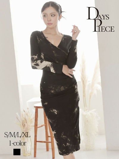 タイダイカシュクールギャザーミディ韓国ワンピース KANO 着用 キャバワンピース【DAYS PIECE】(S/M/L/XL(2L))(ブラック)