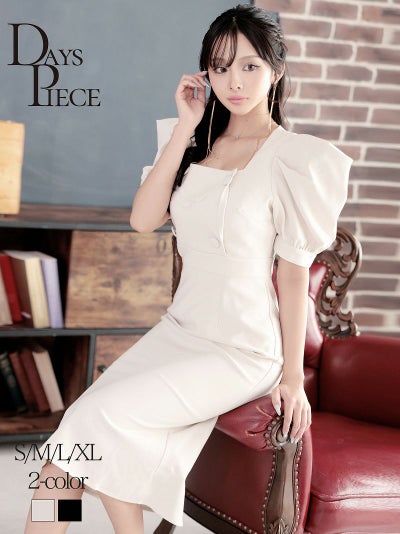 スクエアネックギャザータイトミディ丈袖付き韓国ドレス KANO 着用 キャバワンピース【DAYS PIECE】(S/M/L/XL(2L))(ベージュ/ブラック)