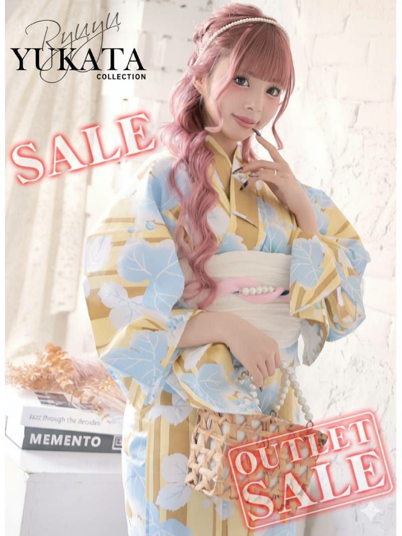 【訳ありアウトレット】可愛い蓮のお花柄イエロー&ブルーの縦縞キャバ浴衣 あいさ 着用 ギャルゆかた【Ryuyu】