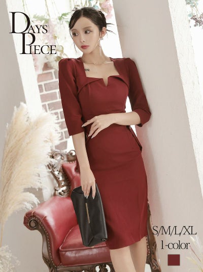 スクエアネック×ハイウエスト膝丈韓国ワンピース KANO着用 キャバワンピース【DAYS PIECE】(S/M/L/XL(2L))(ワイン)