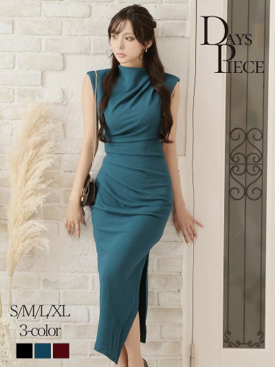 先行予約割￥7680→￥7295！※一部予約販売※ドレープギャザーロングワンピース KANO 着用 韓国ドレス【DAYS PIECE】(S/M/L/XL(2L))(ブラック/ターコイズ/ワイン)