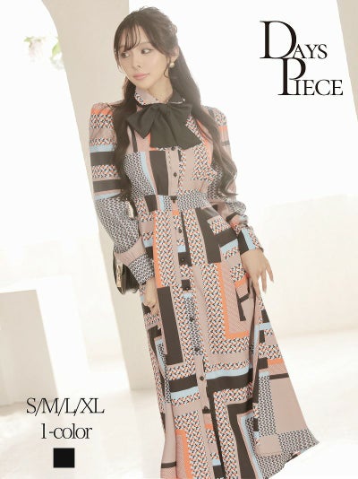 レトロジオメトリック柄ボウタイ長袖ロング韓国キャバクラワンピース【DaysPiece】(S/M/L/XL)(ブラック)